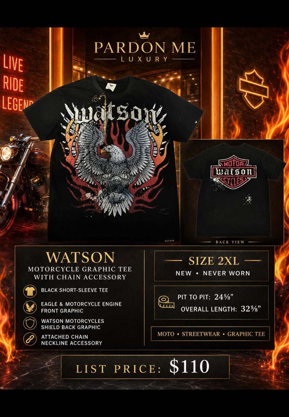 Watson Motor Cycles Graphic T-Shirt Black with Chain Accessory